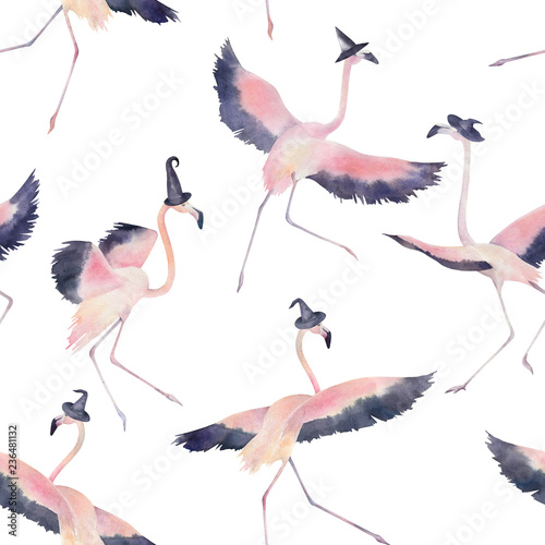 Watercolor seamless pattern. Dancing flamingos in hat for halloween. Hand dra...