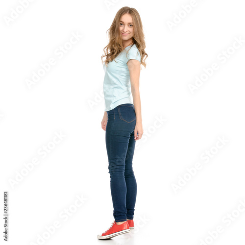 Beautiful woman goes walking showing of positive emotions happy on a white background. Isolation