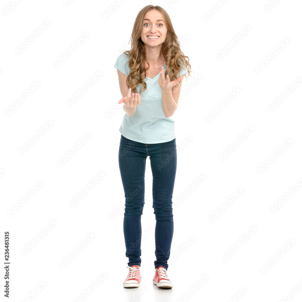 Beautiful woman in jeans showing of positive emotions happiness on a white background. Isolationion Beautiful woman in jeans showing of positive emotions happiness on a white background. Isolationion