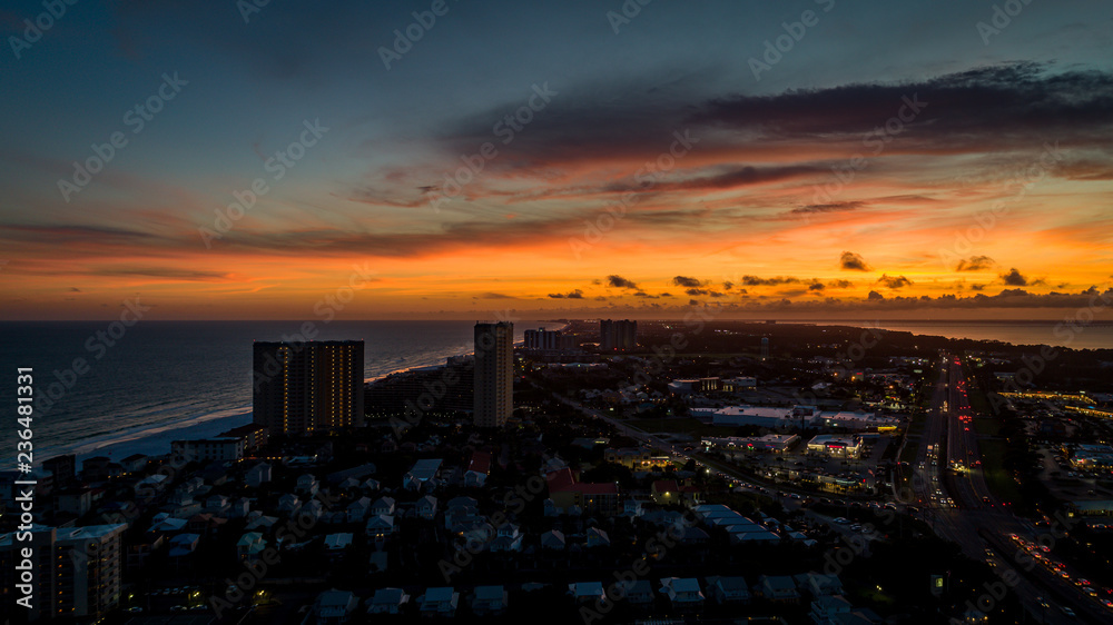 Amazing beautiful aerial view of sunset over sandestin FL gulf of mexico beach