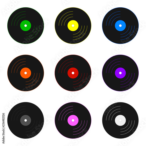 Set of Colored Vinyl Records isolated on white background. Holidays Element. Vector Illustration for Your Design, Game, Card.