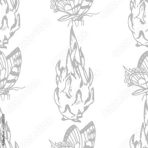pitaya, pitahaya tropical fruit, butterfly seamless pattern