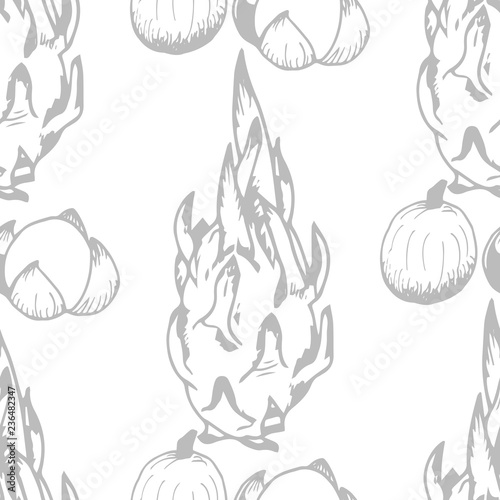 longan, pitahaya tropical fruits seamless pattern