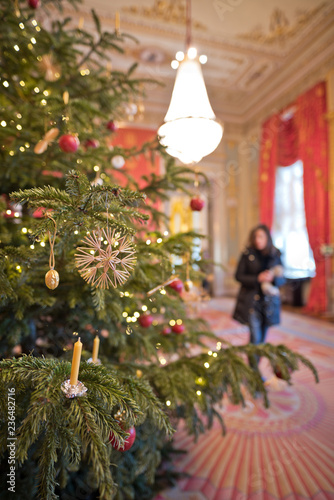 Christmas tree in sumptuous interior with blurry background.