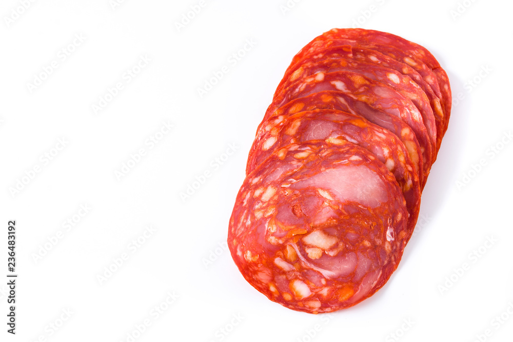 Cold meat chorizo slices isolated on white background. Copyspace Cold meat chorizo slices isolated on white background. Copyspace