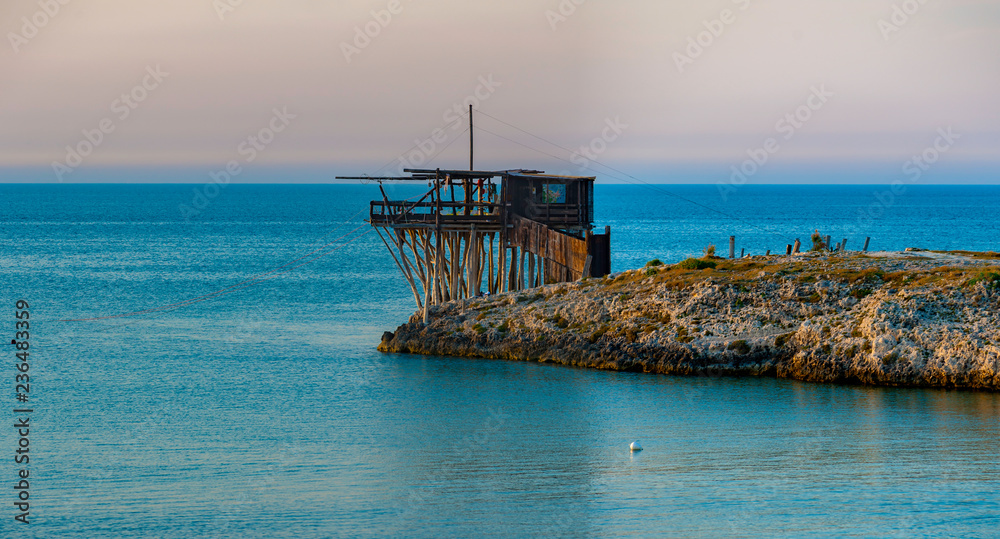 Ancient fishing machine typical of the Gargano coast, Molise and Abruzzo, protected as a monumental heritage by the national park of Gargano Ancient fishing machine typical of the Gargano coast, Molise and Abruzzo, protected as a monumental heritage by the national park of Gargano