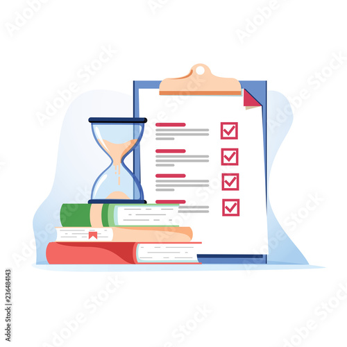 Exam preparation school test. Examination concept checklist and hourglass, choosing answer questionnaire form, education photo