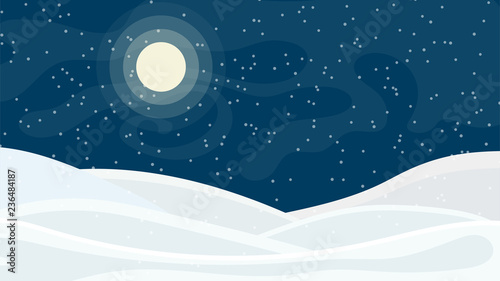 Snow winter sky background with hills, snowfall and moon. Vector illustration.