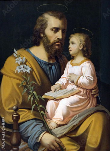 Saint Joseph holding child Jesus, painting in the Saint Nicholas church in Petschied near Luson, Italy photo