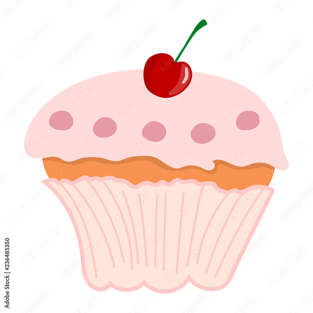 Pink Cupcake with Cherry isolated on white background. Vector Illustration for Your Design.