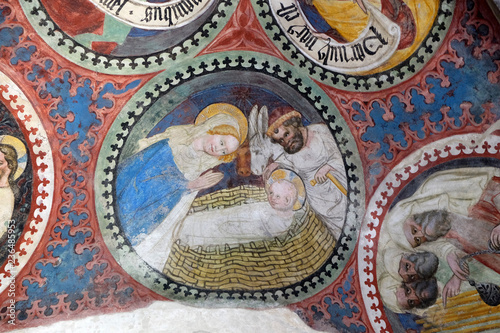 Nativity Scene, fresco in the cloister, Cathedral of Santa Maria Assunta i San Cassiano in Bressanone, Italy