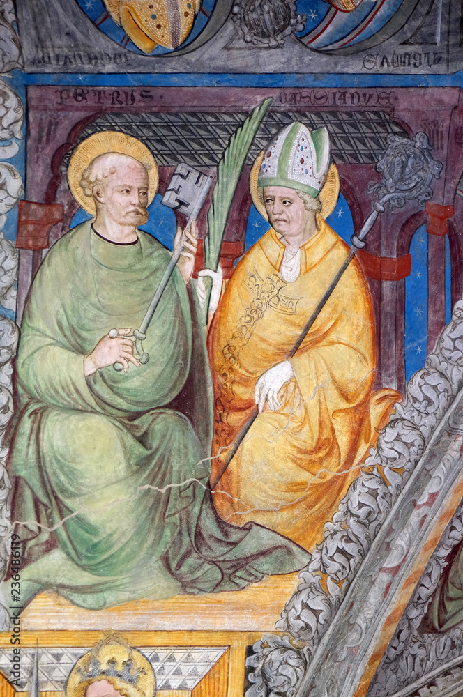 Saint Peter and Saint Cassian, fresco in the cloister, Cathedral of Santa Maria Assunta i San Cassiano in Bressanone, Italy