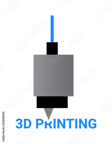 Vector illustration of 3D printing – fused deposition modeling. Print head, filament and lettering isolated on a white background. It can be used as an icon or logo of 3D printing.