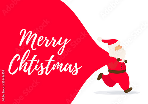 Santa Claus with big bag and Merry Christmas text. 