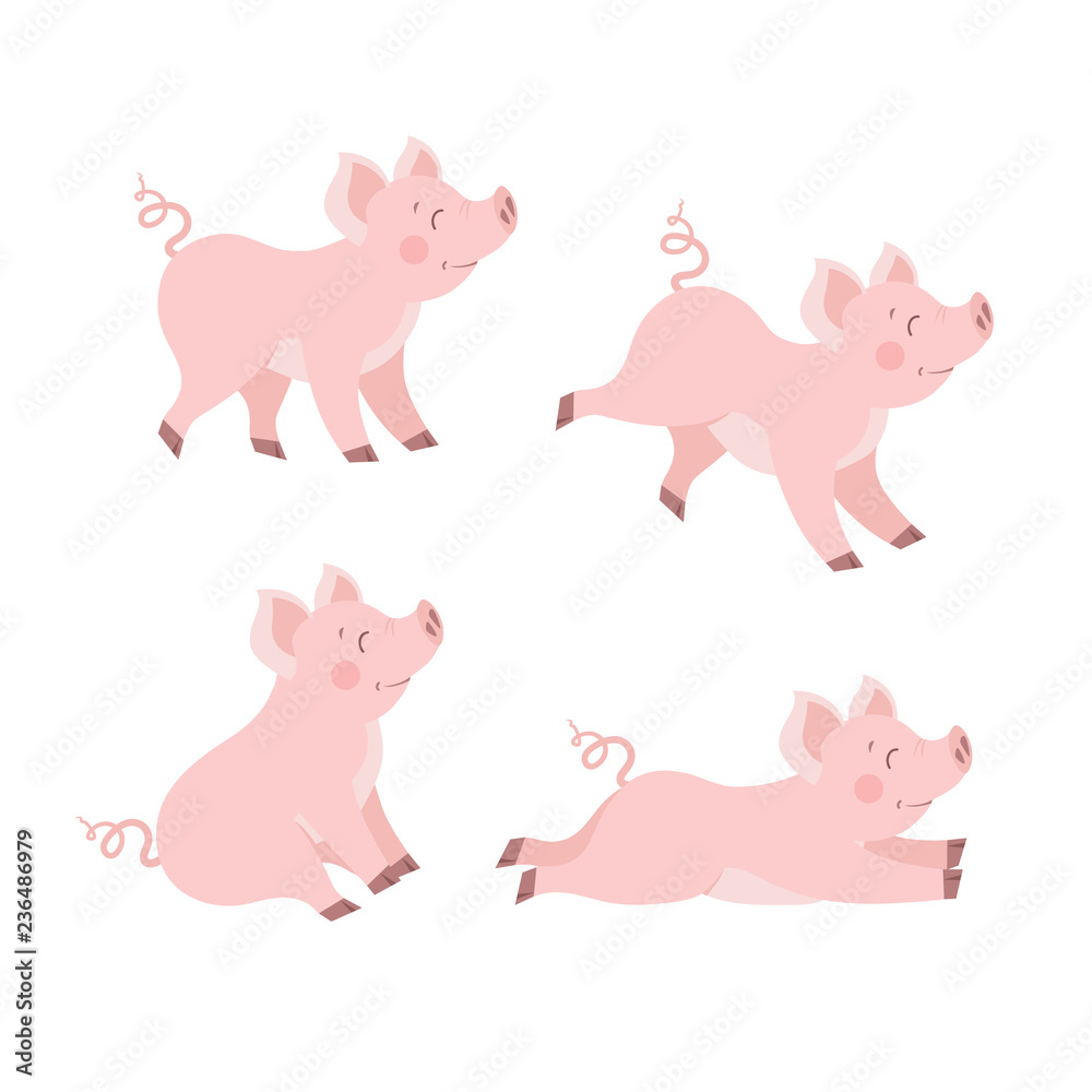 Cute pig set. Piglet cartoon vector illustration. Happy piggy collection isolated on white