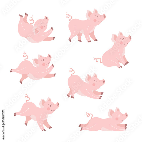 Cute pig animation vector illustration Happy piggy