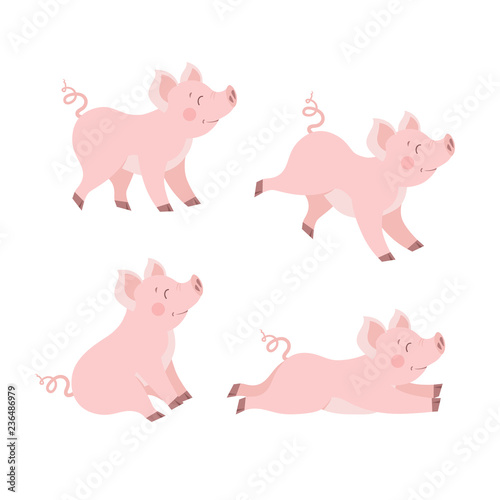 Cute pig set. Piglet cartoon vector illustration. Happy piggy collection isolated on white