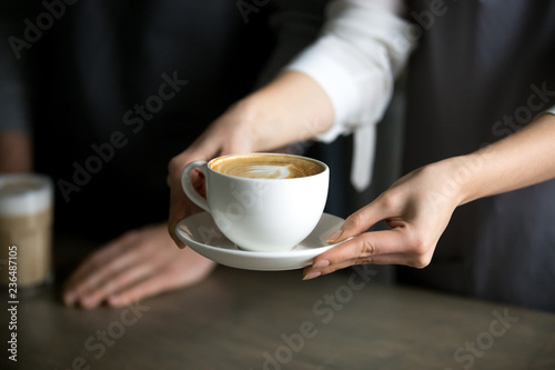 Close up of barista holding aromatic cappuccino, serving it to coffeeshop visitor, waitress giving cup of fresh brewed coffee with milk foam to cafe guest, bringing latte drink to coffeehouse table