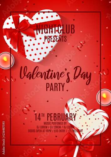 Party flyer for Happy Valentine's Day. Vector illustration with gift box, lollipop and candles on red background with confetti and serpentine. Invitation to nightclub.