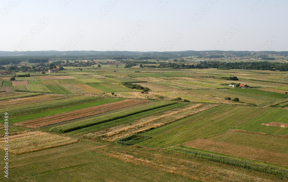 Aerial view of meadows and fields in Nothern Croatia in summertime, Zdencina, Croatia
