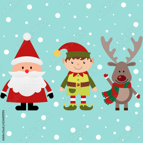 Christmas elf with Santa and deer on a snow background