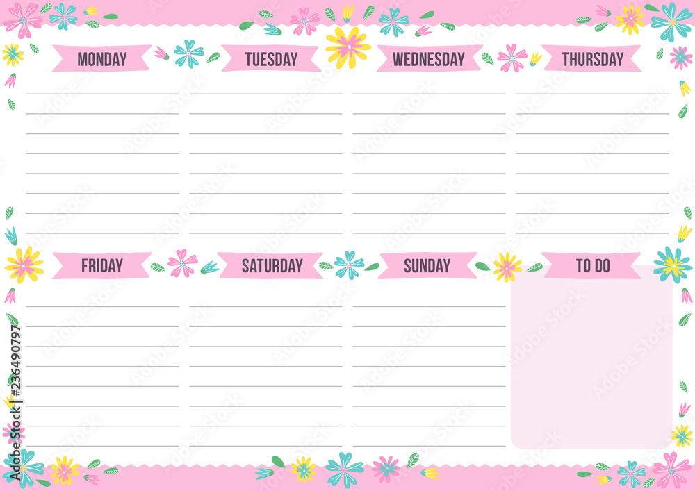 Cute weekly planner with drawn flower. Template with place for notes. Vector illustration for print, office, school. Cute weekly planner with drawn flower. Template with place for notes. Vector illustration for print, office, school.