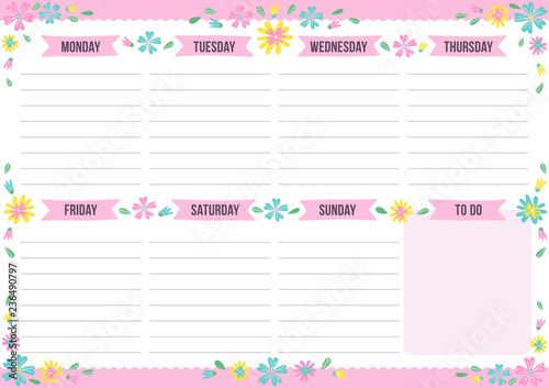 Cute weekly planner with drawn flower. Template with place for notes. Vector illustration for print, office, school.
