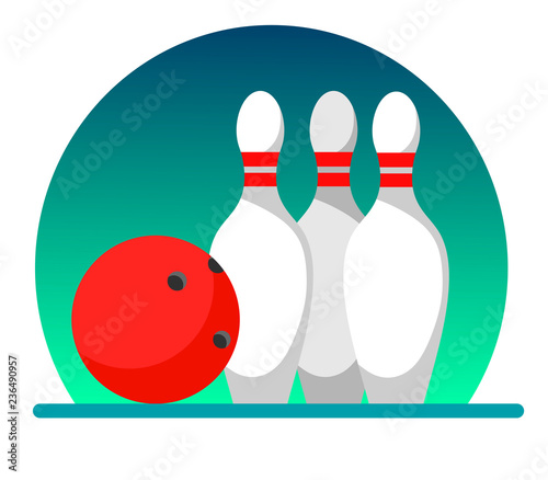 Bowling ball and skittles on a white background, illustration in flat style