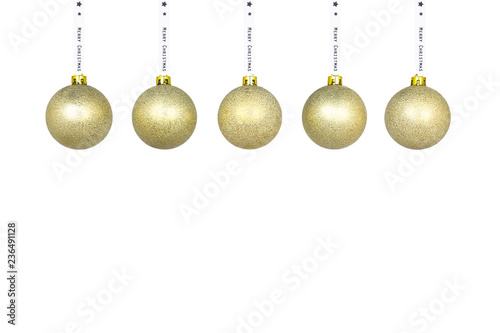 A yellow Christmas bauble hanging on a white ribbon, isolated on a white background with a clipping path and copy space, christmas decorations.