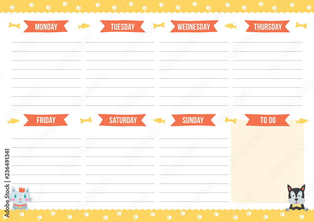 Fototapeta premium Cute weekly planner with drawn cat and dog. Template with place for notes. Vector illustration for print, office, school.