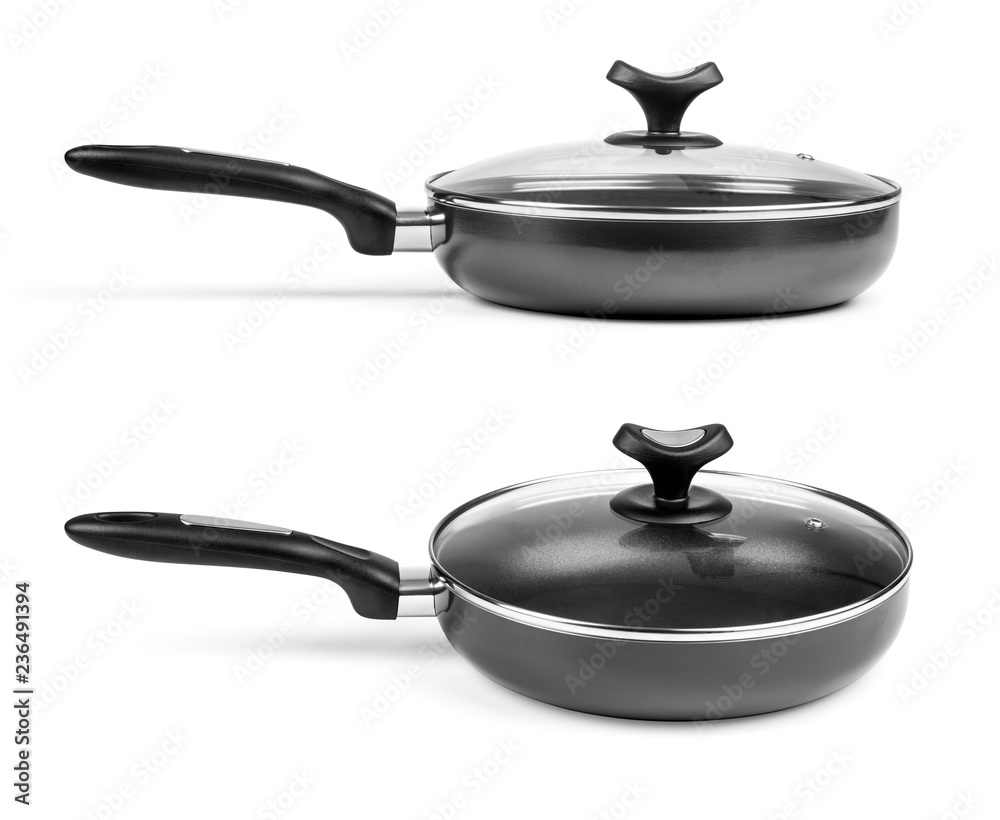 Stainless steel pots and pans isolated on white background Stainless steel pots and pans isolated on white background