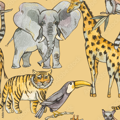 Watercolor seamless pattern with jungle animals, Natural Exotic Tropical texture, elephant, tiger, giraffe © depiano