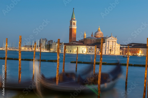 Docked gondolas in Venice Italy 