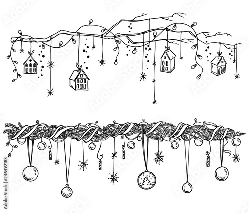 Set of christmas and New Year decorations. Garlands and lights vector sketch.