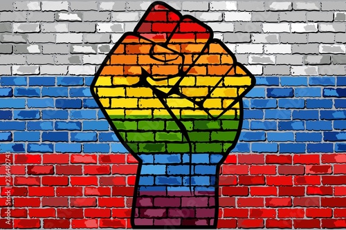 LGBT Protest Fist on a Russia brick Wall Flag - Illustration, 
Brick Wall Russian flag and Gay flags