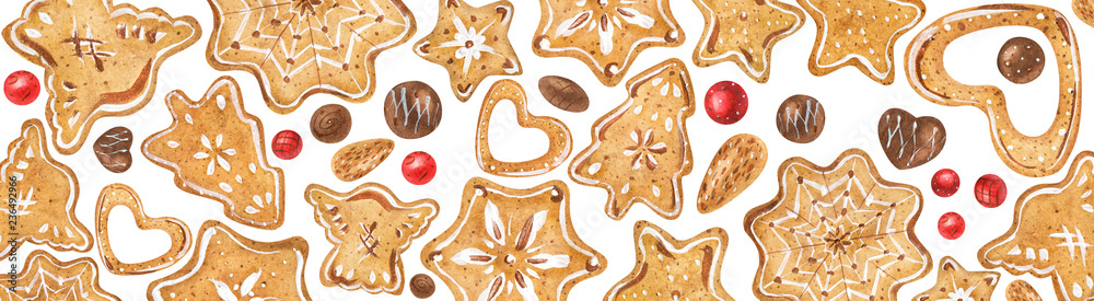 Christmas watercolor web banner with chocolates and cookies Christmas watercolor web banner with chocolates and cookies