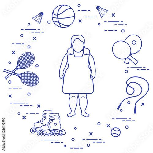 Fat girl, sports equipment. Children activities.