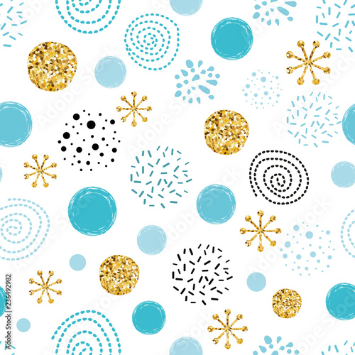 Vector Christmas seamless pattern glitter sbowflakes polka dot abstract ornament golden, blue, black circle elements