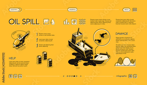 Oil spill isometric vector web banner. Damaged and sinking oil tanker ship, medics rescue helicopter line art illustration. Water pollution, technological disaster, ecology problems slide infographics