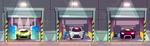 Car wash service station cartoon vector illustration. Happy smiling worker washing and cleaning dirty automobiles with high pressure water gun and roll-over brushes, clean auto waiting owner in garage