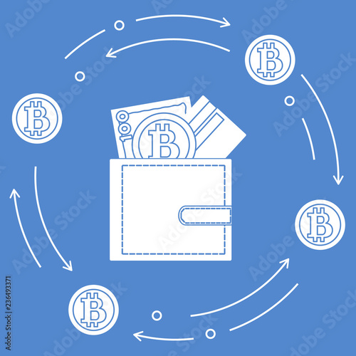 Purse with banknote, credit card and bitcoin.