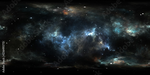 Fototapeta Naklejka Na Ścianę i Meble -  360 degree interstellar cloud of dust and gas. Space background with nebula and stars. Glowing nebula, equirectangular projection, environment map. HDRI spherical panorama