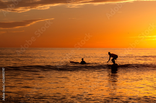 Surferos practicando surfing en las olas. © javier_garcia