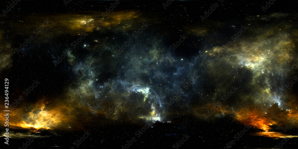 Fototapeta 360-stopniowa panorama mgławicy kosmicznej, rzut prostokątny, mapa środowiska. Panorama sferyczna HDRI. Kosmiczne tło z mgławicą i gwiazdami