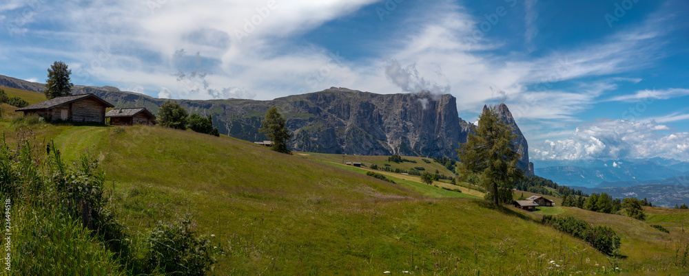 Seiser Alm landscape with view on Schlern and other mountains in the Dolomites