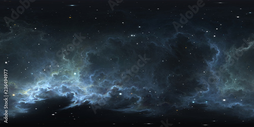 Fototapeta Naklejka Na Ścianę i Meble -  360 degree space nebula panorama, equirectangular projection, environment map. HDRI spherical panorama. Space background with nebula and stars