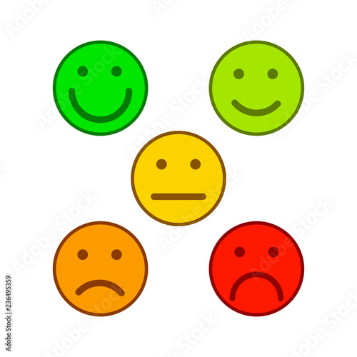Face emoticons for rate of satisfaction level, five colorful grade smileys on white