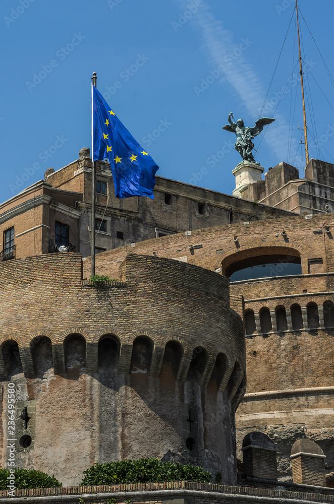 European Union flag on the Angel Castle in Rome, Italy