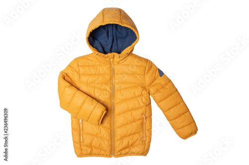 Childrens winter jacket. Stylish childrens yellow warm down jacket isolated on white background. Winter fashion. photo