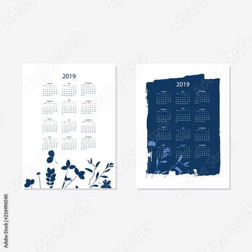 2019 flower decorative elegant calendar style cyanotype blue